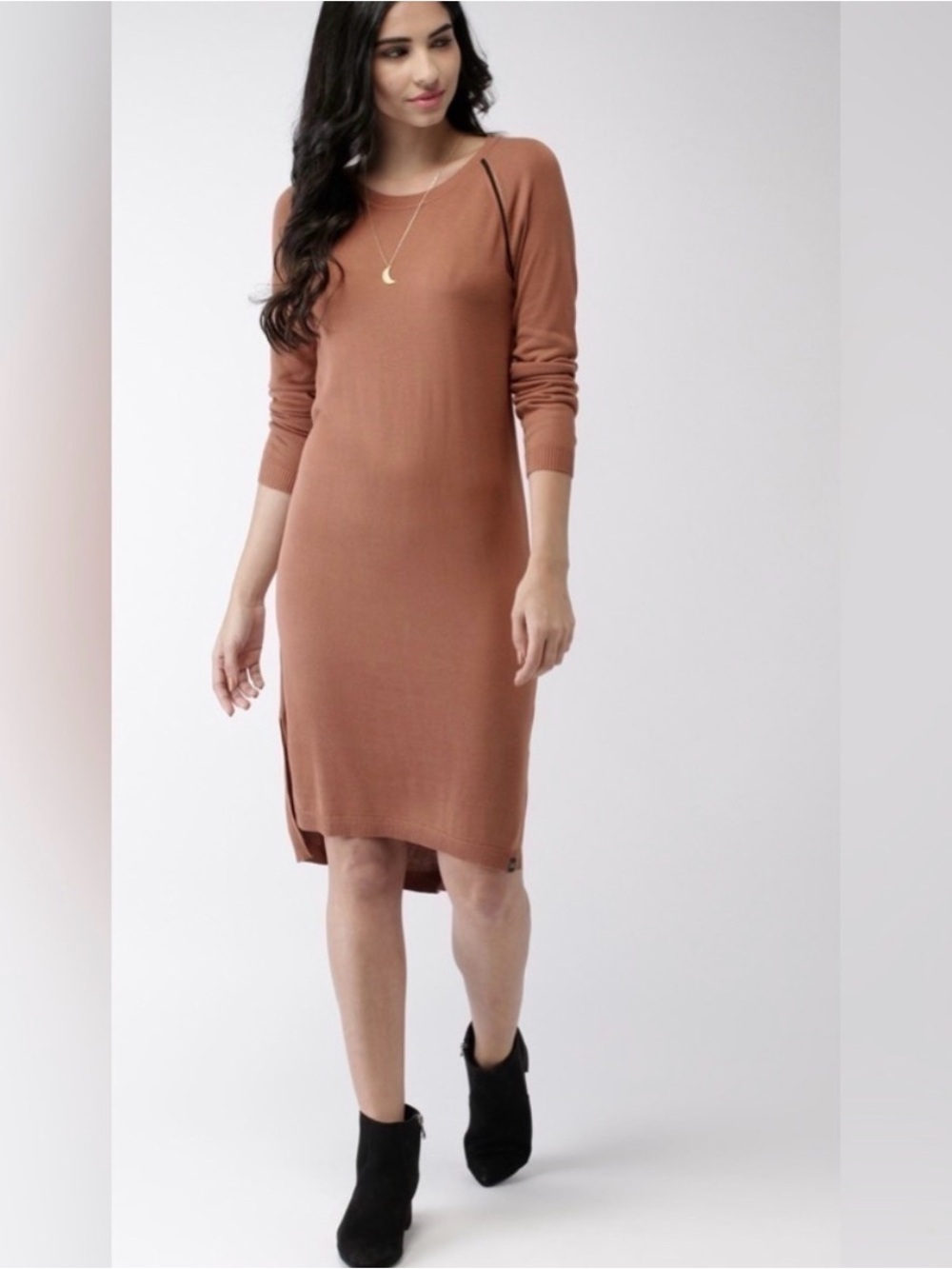 Scotch & Soda Rust Brown Long-Sleeve Knit Midi Dress